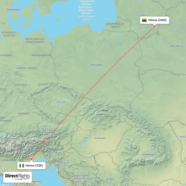 Venice - Vilnius direct flight map