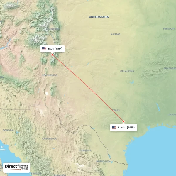 Taos - Austin direct flight map