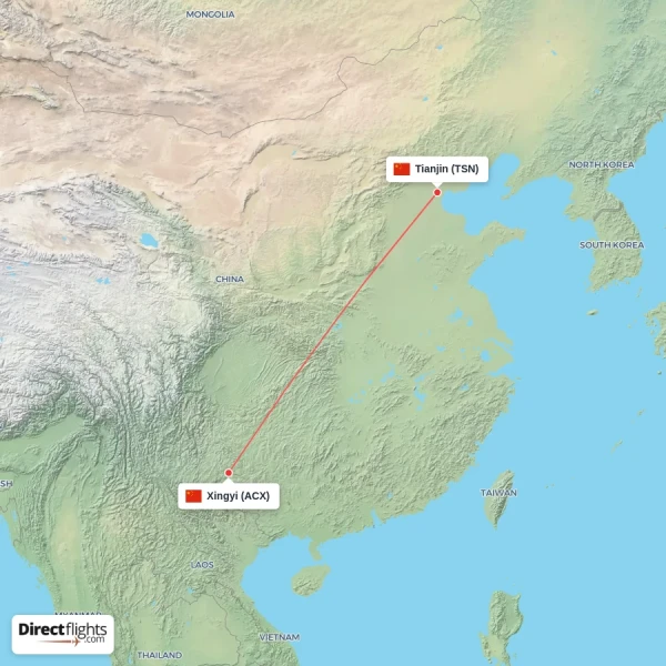 Tianjin - Xingyi direct flight map