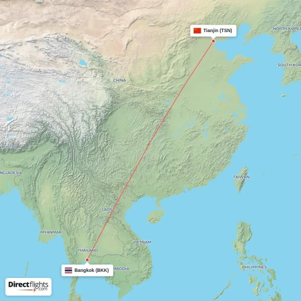 Tianjin - Bangkok direct flight map