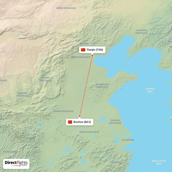 Tianjin - Bozhou direct flight map