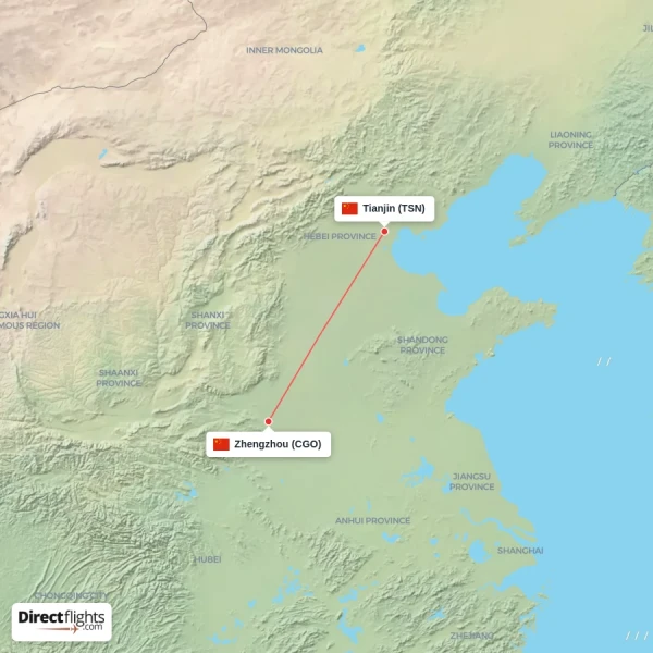 Tianjin - Zhengzhou direct flight map