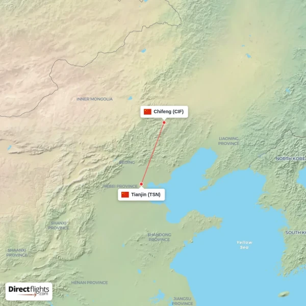 Tianjin - Chifeng direct flight map