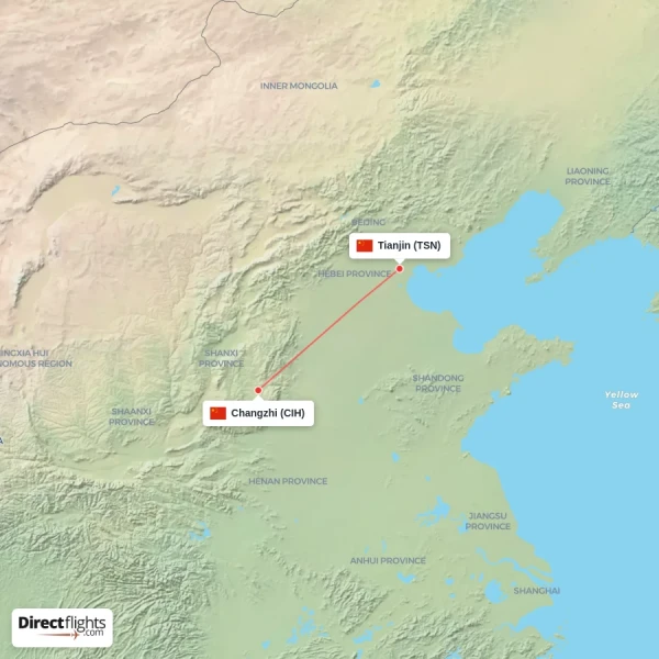 Tianjin - Changzhi direct flight map