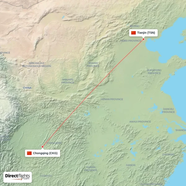 Tianjin - Chongqing direct flight map