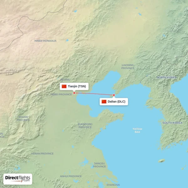 Tianjin - Dalian direct flight map