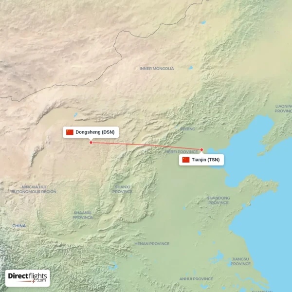 Tianjin - Dongsheng direct flight map
