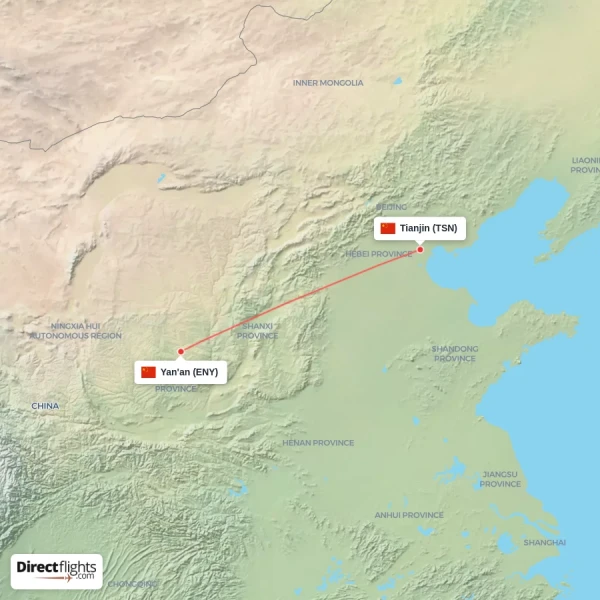 Tianjin - Yan'an direct flight map
