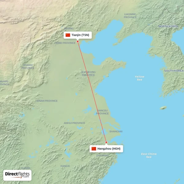 Tianjin - Hangzhou direct flight map
