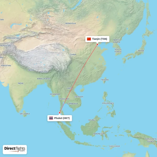 Tianjin - Phuket direct flight map