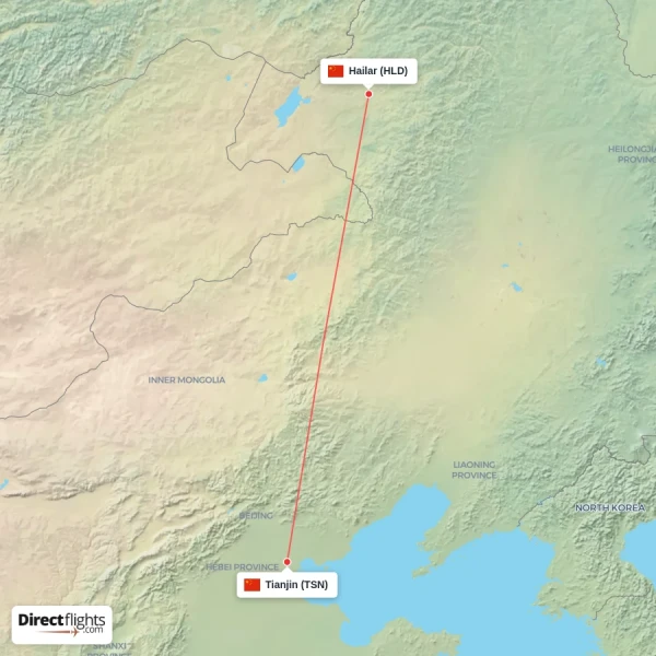 Tianjin - Hailar direct flight map