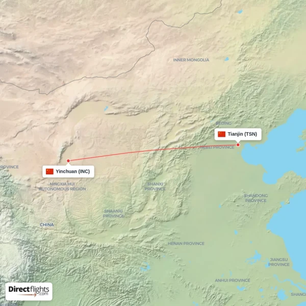 Tianjin - Yinchuan direct flight map