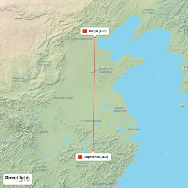 Tianjin - Jingdezhen direct flight map
