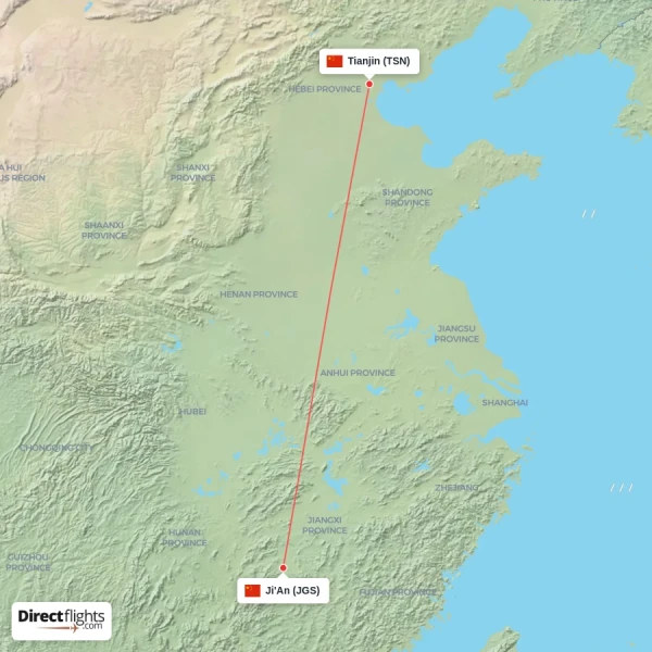 Tianjin - Ji'An direct flight map