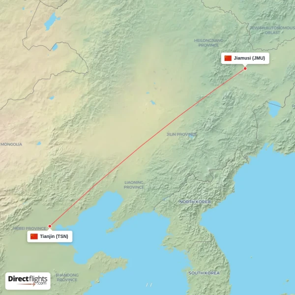 Tianjin - Jiamusi direct flight map