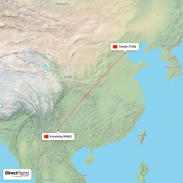 Tianjin - Kunming direct flight map