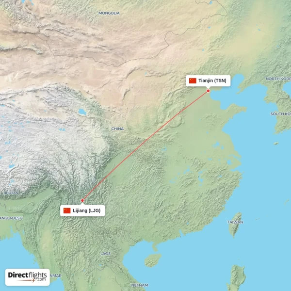 Tianjin - Lijiang direct flight map