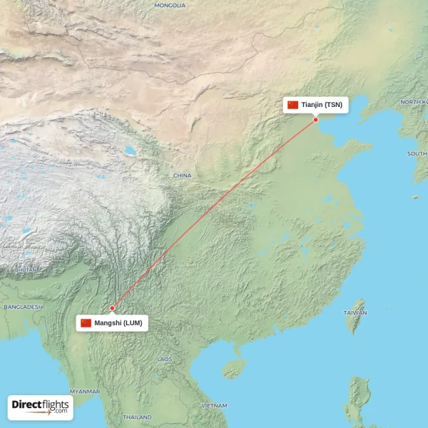 Tianjin - Mangshi direct flight map