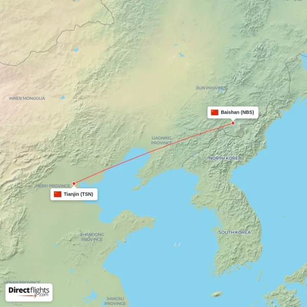 Tianjin - Baishan direct flight map