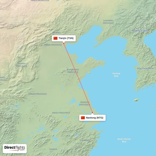 Tianjin - Nantong direct flight map