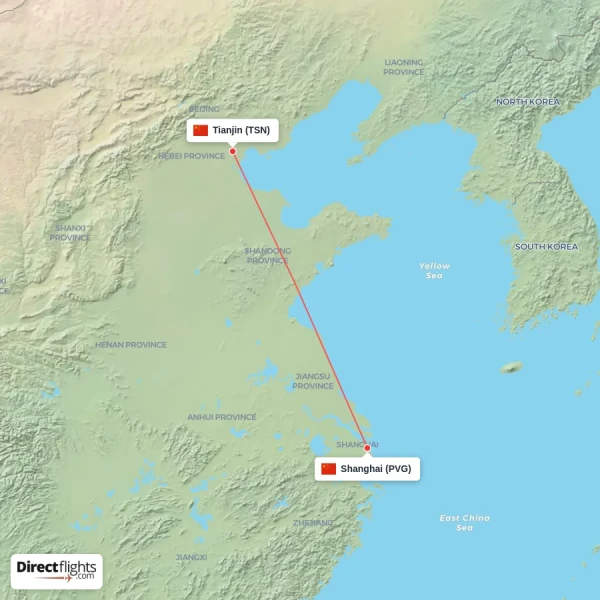 Tianjin - Shanghai direct flight map