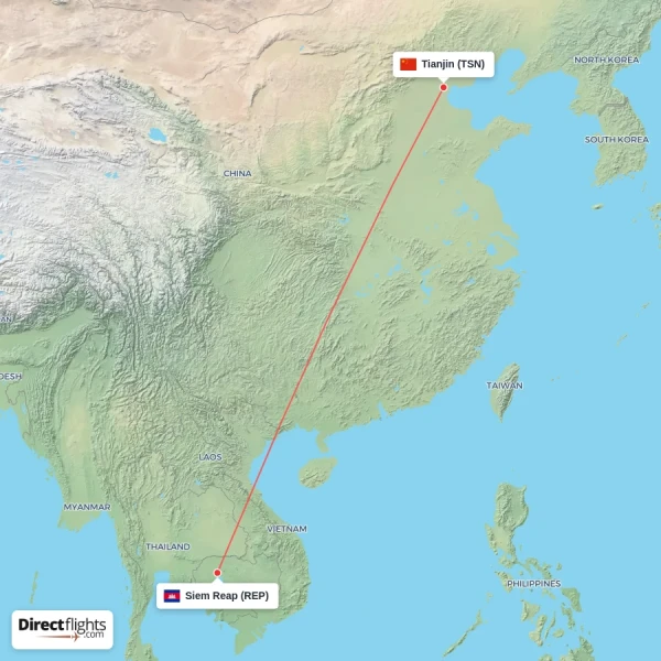 Tianjin - Siem Reap direct flight map