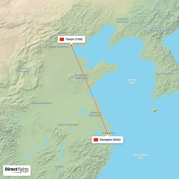 Tianjin - Shanghai direct flight map