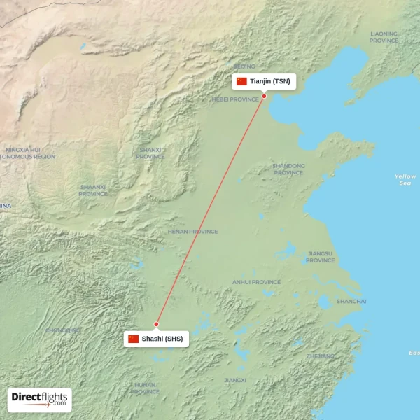 Tianjin - Shashi direct flight map
