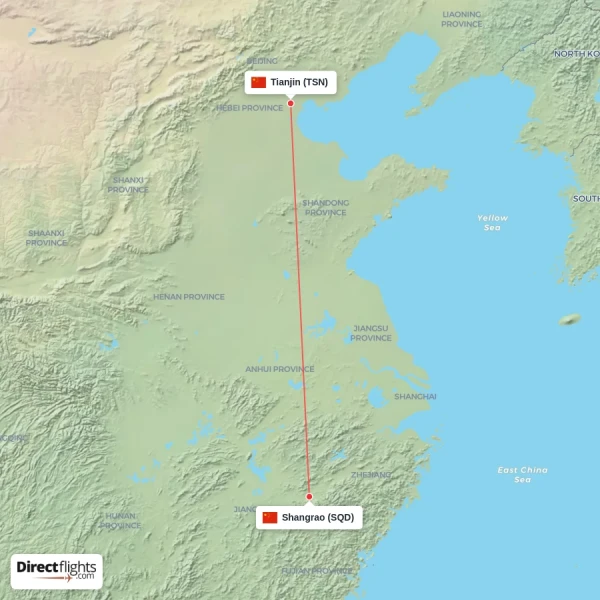 Tianjin - Shangrao direct flight map