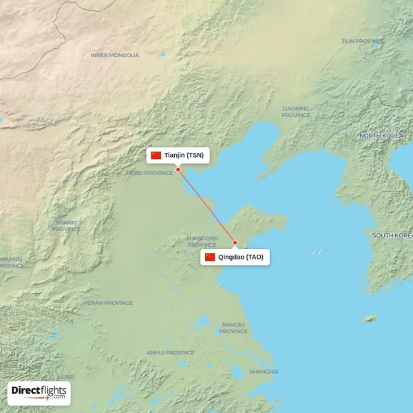 Tianjin - Qingdao direct flight map