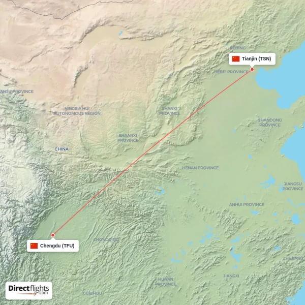 Tianjin - Chengdu direct flight map