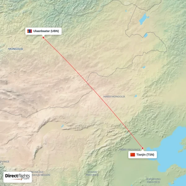 Tianjin - Ulaanbaatar direct flight map