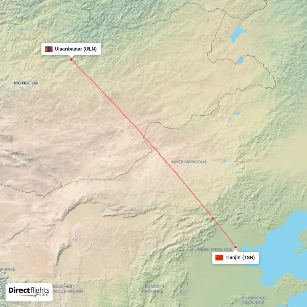 Tianjin - Ulaanbaatar direct flight map