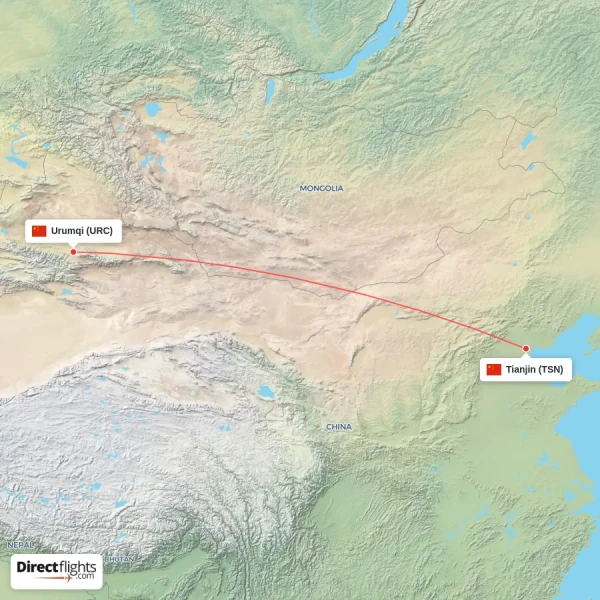 Tianjin - Urumqi direct flight map