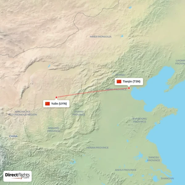 Tianjin - Yulin direct flight map