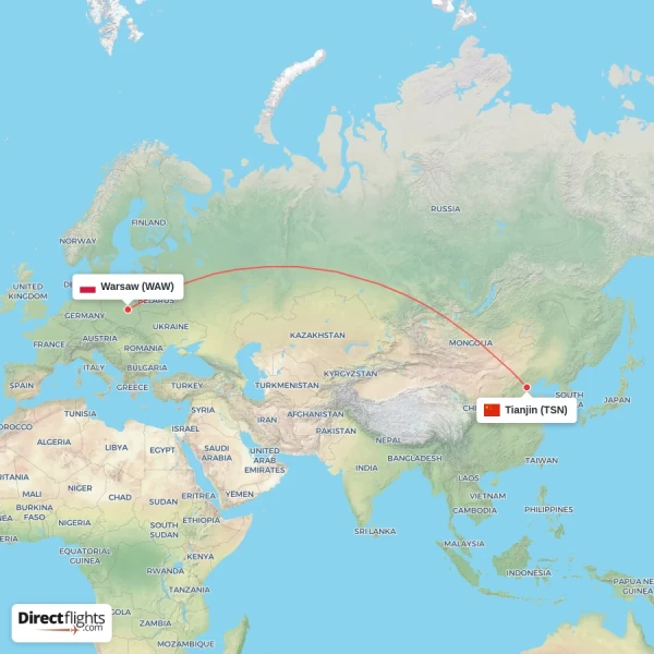 Tianjin - Warsaw direct flight map