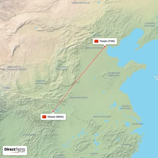 Tianjin - Shiyan direct flight map