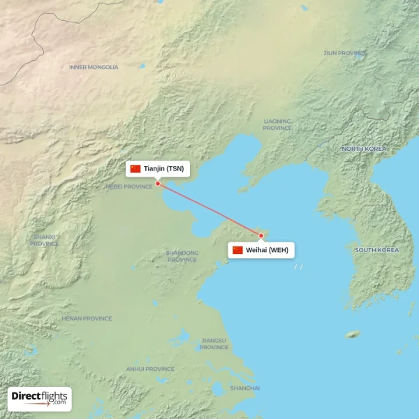 Tianjin - Weihai direct flight map