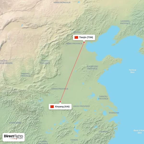 Tianjin - Xinyang direct flight map