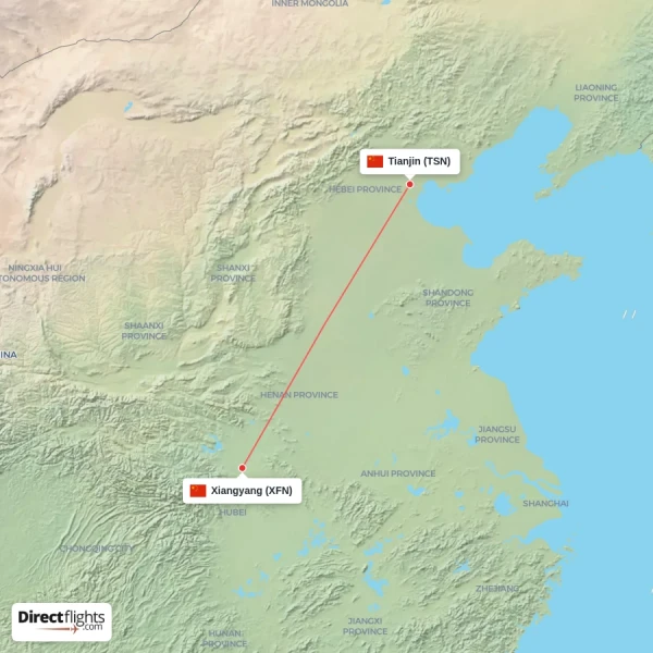 Tianjin - Xiangyang direct flight map