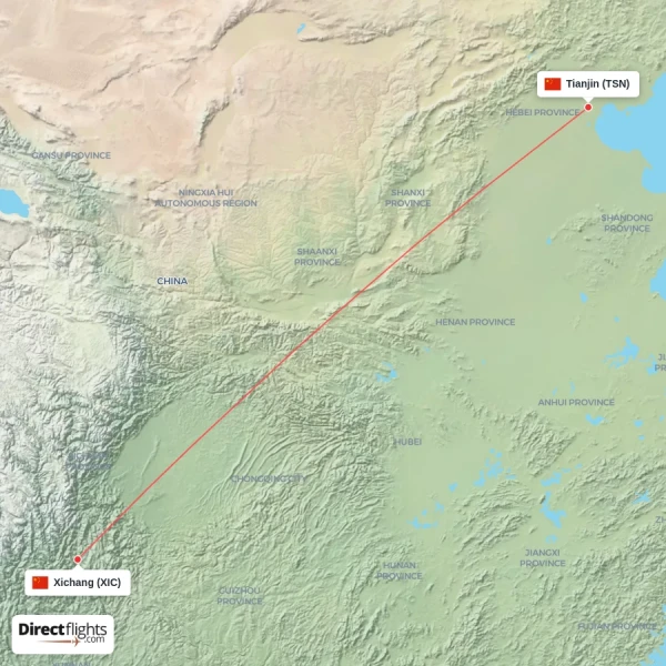 Tianjin - Xichang direct flight map