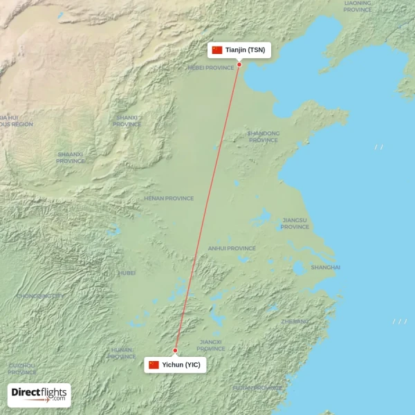 Tianjin - Yichun direct flight map