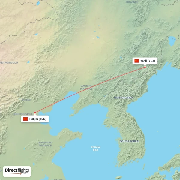 Tianjin - Yanji direct flight map
