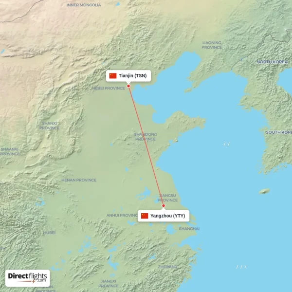 Tianjin - Yangzhou direct flight map