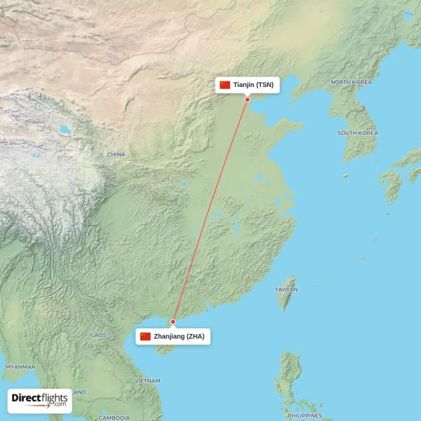 Tianjin - Zhanjiang direct flight map