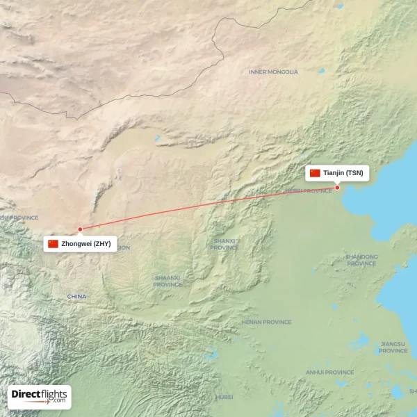 Tianjin - Zhongwei direct flight map