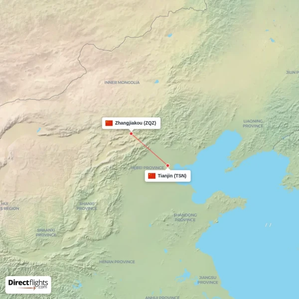 Tianjin - Zhangjiakou direct flight map