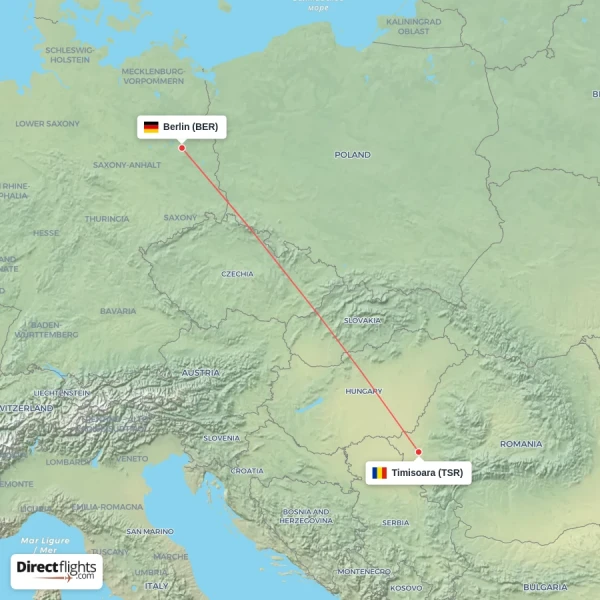 Timisoara - Berlin direct flight map