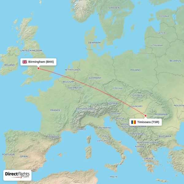 Timisoara - Birmingham direct flight map