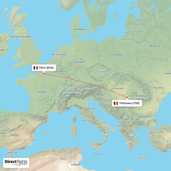 Timisoara - Paris direct flight map